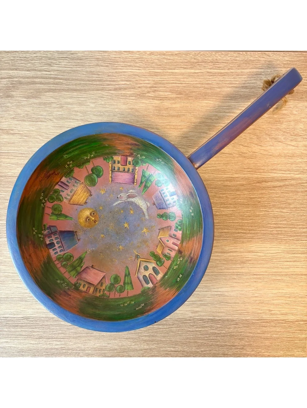 Hand Painted Wooden Wall Bowl Folk Art Moon Rabbit Village 15” Gift Idea for Her